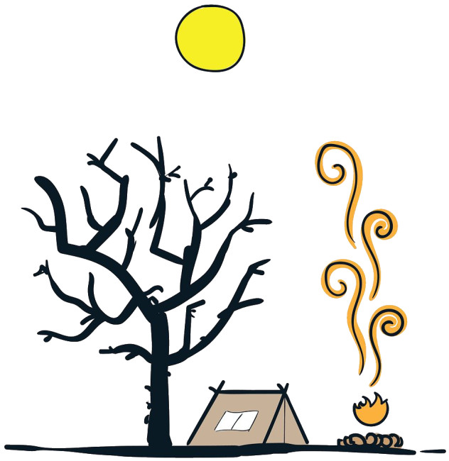 Zelt unter einem Baum mit Lagerfeuer und Mondenschein